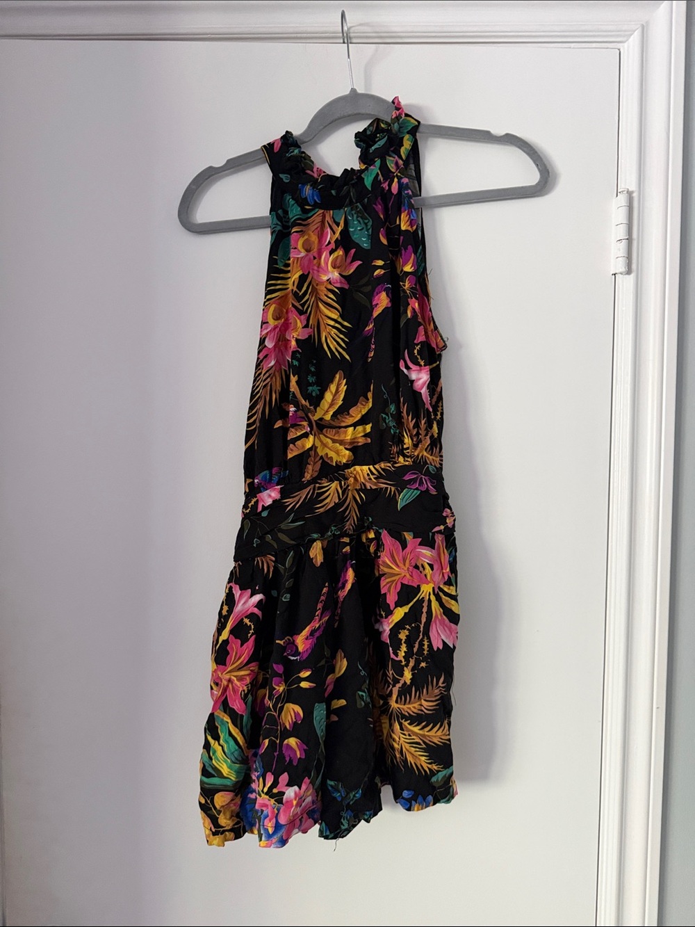 Black Tropical Floral Halter Romper